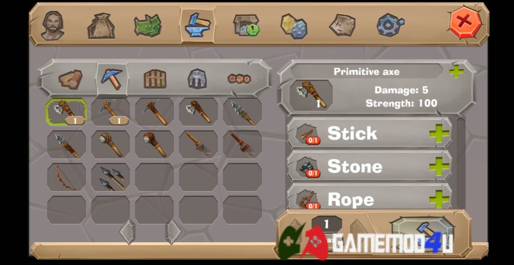 Nhiều vũ khí cùng với những vật dụng khác cho công cuộc xây dựng trong Survival Island 2 mod